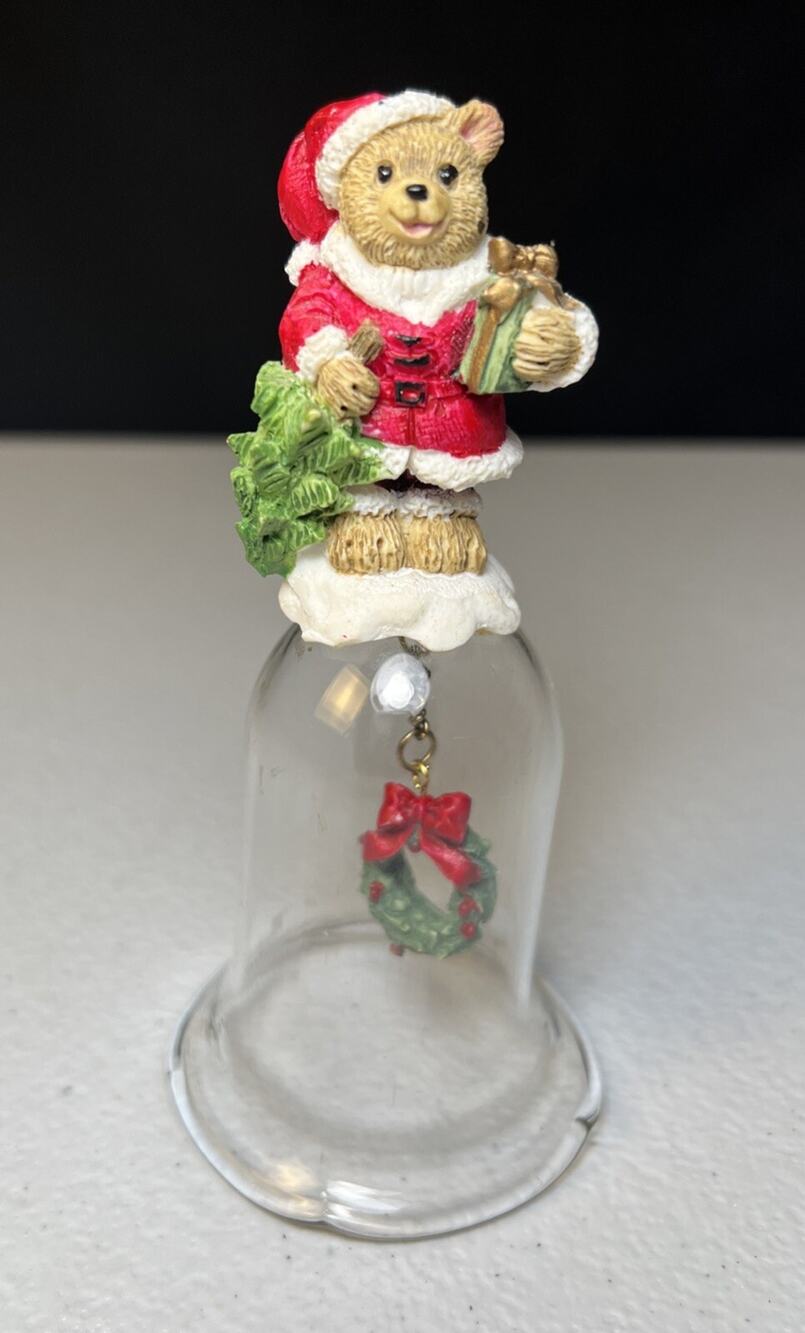 Vintage Christmas Glass & Resin Dinner Bell Santa Teddy Bear Top 5”